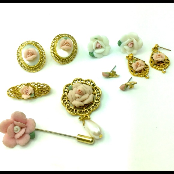 1928 Jewelry - Vintage 1928 Collection Filigree  Porcelain Rose earrings and Pin Brooch a lot.
